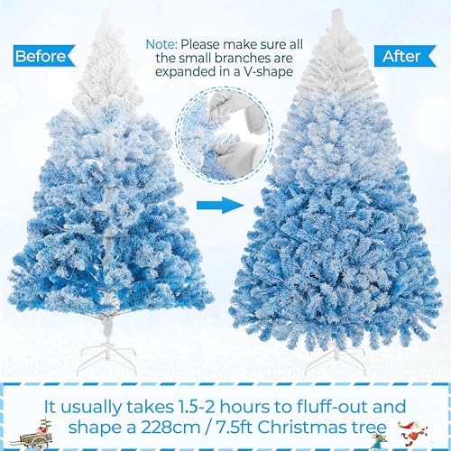 Yaheetech 7.5ft Prelit Flocked Christmas Tree, Blue & White, 550 Lights