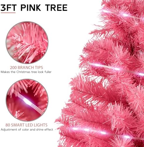 Pink 3ft Christmas Tree with Lights, Small 36inch Artificial Tree Mini Table Top Decorations, Xmas Desk Tree with 80 Colored Lights, 200 Branch, Holiday Decor for Home,Indoor Office Tabletop