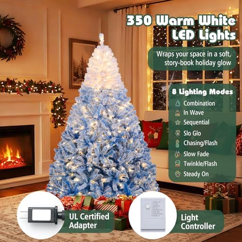 HAPPYGRILL 7 FT Pre-lit Flocked Christmas Tree Blue Hinged Xmas Tree with 1264 Branch Tips, 350 Warm White LED Lights & Folding Metal Stand, for Home Office Carnival