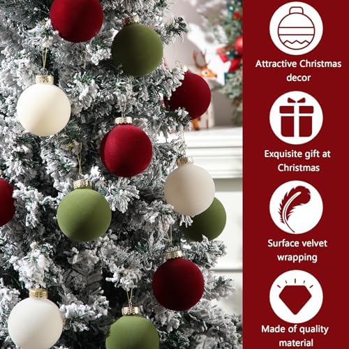 Gemscream 30 Pcs Velvet Christmas Balls, 3.15" Flocked Ornaments, red Green