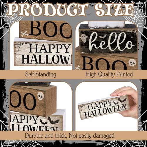 Lineshading 4 Pcs Halloween Table Decor for Home Wooden Ghost Block Signs