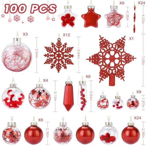 SHareconn 100PCS Christmas Tree Ornaments Clear Set, Red