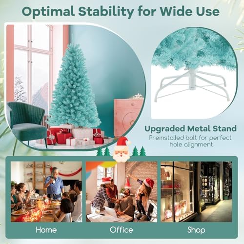 HAPPYGRILL 6 FT Pre-lit Artificial Christmas Tree Blue Hinged Xmas Tree with 758 Branch Tips, 280 Warm White LED Lights & Folding Metal Stand, Pre-Lit Holiday Decoration Tree for Home Office