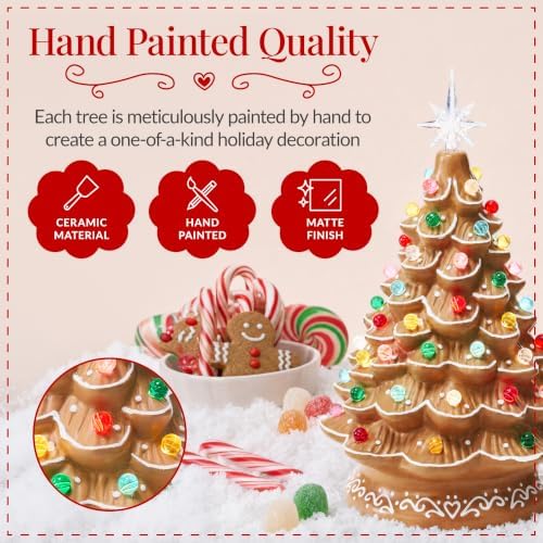 Best Choice Products 15in Ceramic Christmas Tree, Pre-lit Hand-Painted Tabletop Holiday Tree, 2 Star Toppers, 64 Lights - Gingerbread w/Multicolored Bulbs