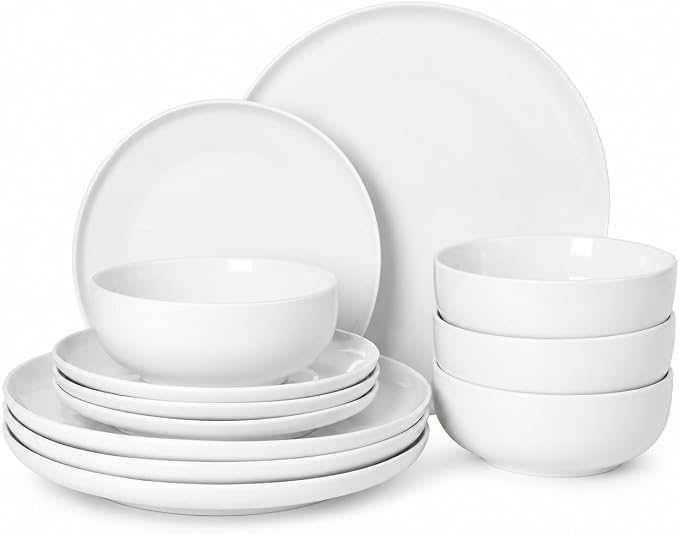 Gibson Home Havenstone 12-Piece Porcelain Dinnerware Set – Dinner Plates, Salad Plates & Bowls, Classic White Everyday Dish Set for Home, Kitchen, Microwave & Dishwasher Safe