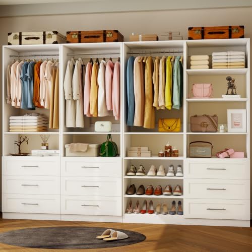 Closet System with 4 Sets, 8–21 FT Closet Organizer System with 9 Drawers, 10 Shelves & 7 Rods, Walk-In Modular Closet System, Custom Built-In Closet Kit, White