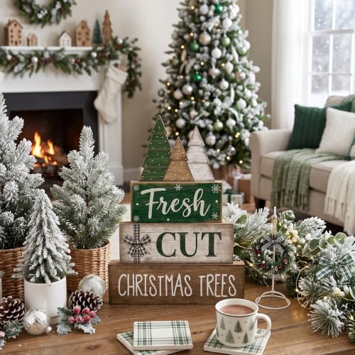 Moucuny 4 Pcs Christmas Table Decorations, Rustic Tree Stacked Wood Signs