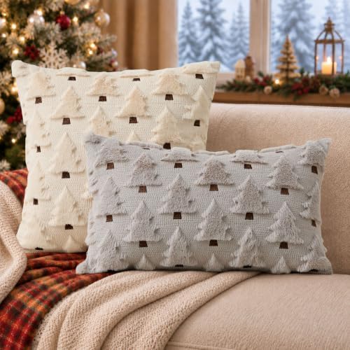 Allorry Christmas Pillow Covers 12x20 inch Set of 2 Grey Christmas Decorations Soft Plush Faux Fur Wool Christmas Tree Throw Pillow Cases Winter Holiday Decor for Sofa Living Room PT002I12