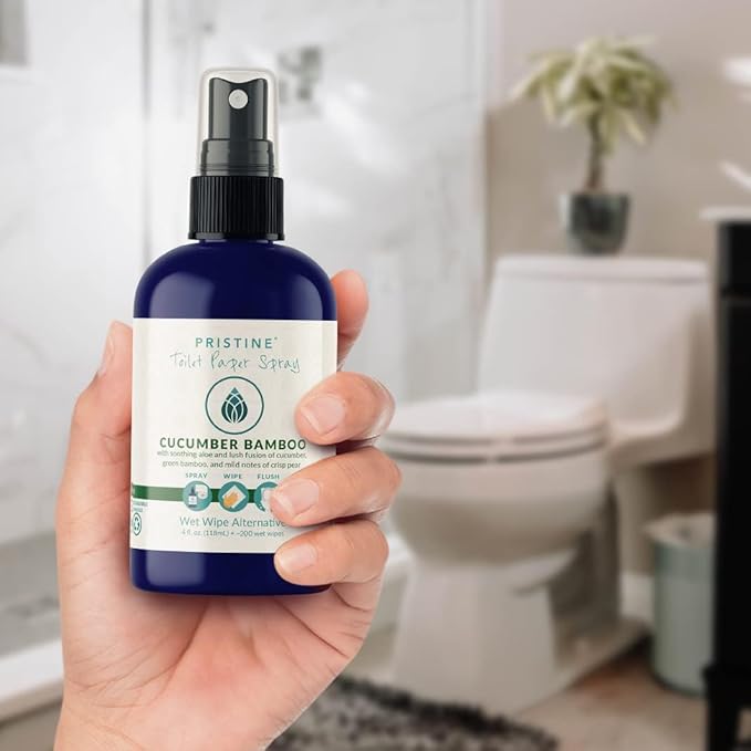 PRISTINE Toilet Paper Spray, As Seen on Shark Tank, Flushable Wipe Alternative, Personal Cleansing Bathroom Spray for Regular Toilet Tissue, Bidet Alternative, Made in USA, Cucumber Bamboo, 32oz