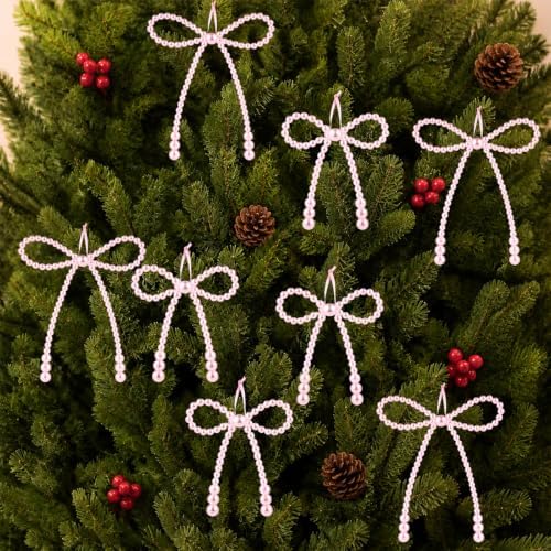 DIYDEC 24pcs Pearl Christmas Bow Ornament 7&4.5In Tree Topper Hanging Decor