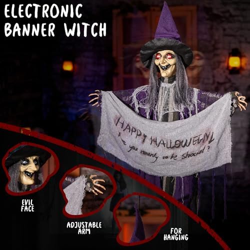 Halloween Animatronics 5ft Hanging Witch, 60inch Floating Animated Witch Decorations with Banner, Sound Activated, Creepy Voice, Light Up Eyes, Scary Move, Spooky Horror Prop for Indoor, Outdoor
