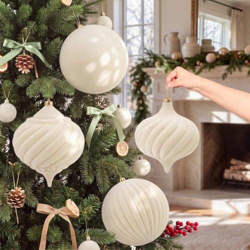 Civaner 4 Pcs Velvet Christmas Ball Ornaments,8 Inch,Beige