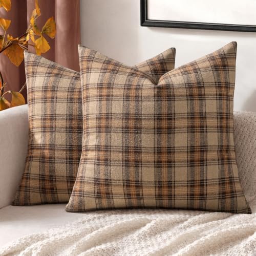 MIULEE Fall Plaid Pillow Covers Scottish Tartan 16x16 Camel Brown