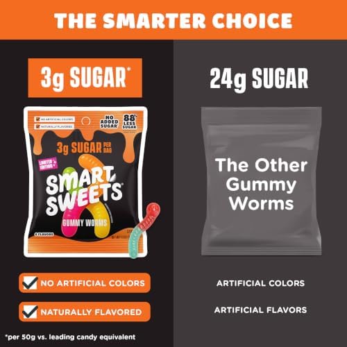 SmartSweets Sweet Halloween Gummy Worms Low Sugar Gummy Candy, Healthy Snacks for Kids and Adults, Treat, 50g bags, Pack of 14