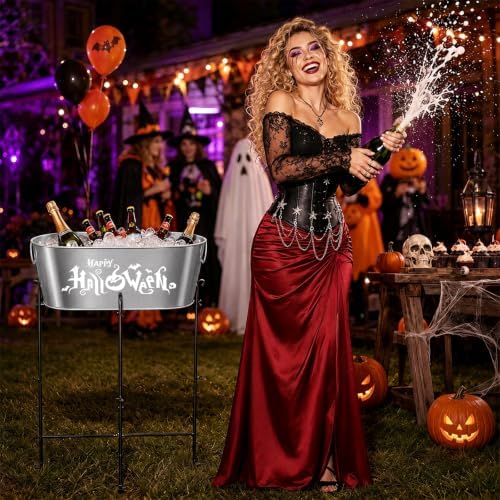 5.5 Gal Halloween Galvanized Ice Buckets with Stand,Halloween Candy Bucket