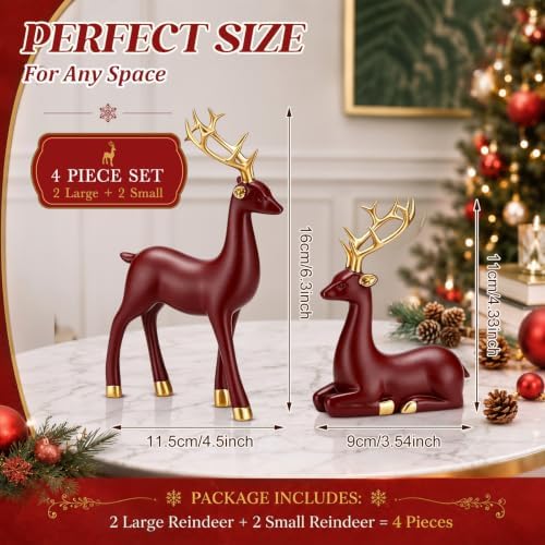 Thyle 4 Pcs Christmas Reindeer Decor Indoor Claret Resin Deer Figurine
