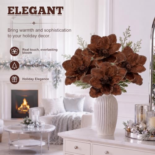 Thiccywoov 8 Pcs Large 12" Christmas Magnolia Flowers, Brown