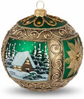 Hand Blown Glass Ball Christmas Ornament, 5 in, Winter Charm Gold Lines