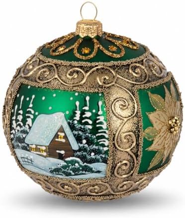 Hand Blown Glass Ball Christmas Ornament, 5 in, Winter Charm Gold Lines