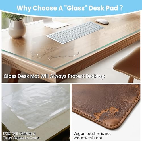 Tempered Glass Desk Pad to Protect Desk, 18" x 24" Clear Office Desk Pad for Keyboard and Computer Monitor, Glass Desk Mat for Desktop Dry Erase