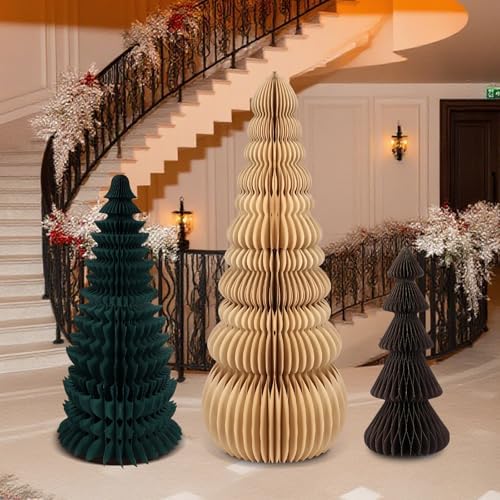3 Pcs Large Honeycomb Christmas Tree,Classic,Beige, Green, Brown