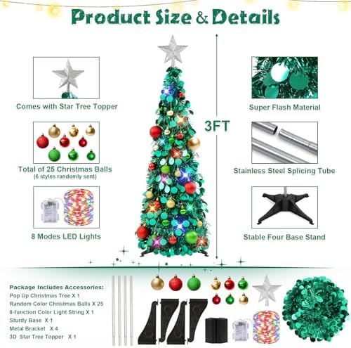 N&T NIETING Pop Up Christmas Tree with Lights & Ornaments,3FT, Peacock Blue