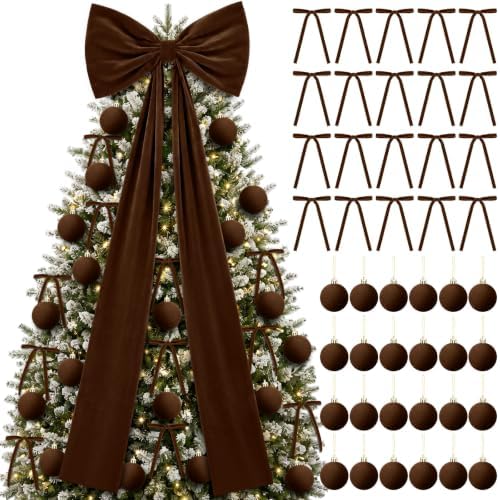 49 Pcs Chocolate Brown Christmas Tree Decoration Set with Velvet Bow Ball
