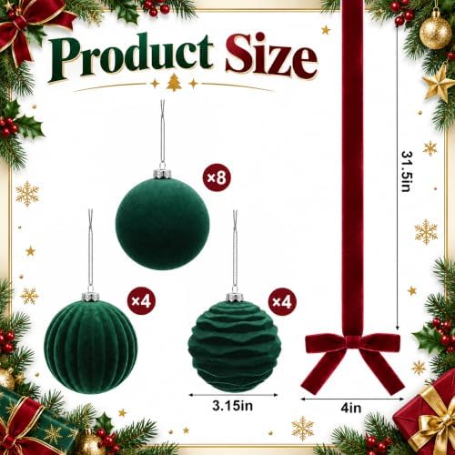 16 Sets Green Velvet Christmas Ball Ornaments with Bow Ribbon, 35" Long