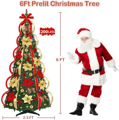 6 Ft Pop up Christmas Tree,Pre-Lit Christmas Trees with Lights 200 LED Collapsible Christmas Tree Plug-in with Remote, 8 Lighting Modes for Outdoor Indoor Party Christmas Decor