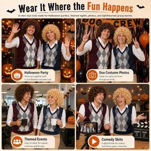Halloween Cosplay Costume with Afro Fluffy Wigs, Thick Argyle Sweater Vests