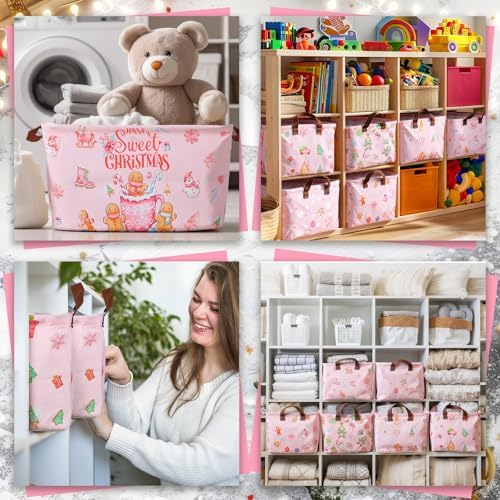 CHENGU 6 Pack Christmas Storage Basket Pink Collapsible Christmas Basket for Gifts Gingerbread Man Holiday Decor Large Gingerbread House Bin Foldable Xmas Tree Box with Handle for Bedroom Office Home