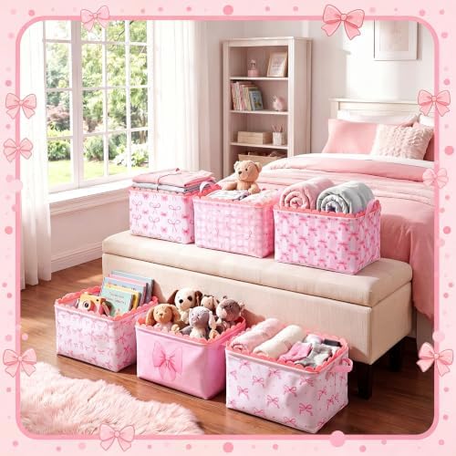 CHENGU 6 Pcs Pink Bow Storage Basket Collapsible Scalloped Storage Bin