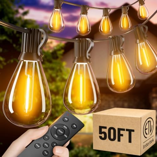 50FT Outdoor String Lights with Remote, Waterproof Patio Lights with 18+1 Shatterproof LED Bulbs,Dimmable Hanging Decor for Backyard Garden Porch Bistro, Timer & 3 Modes,2200K Warm White