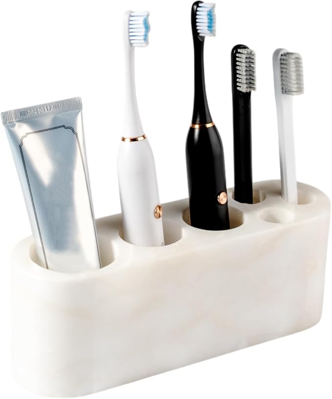 BCS Toothbrush Holder for Bathrooms, 6 Slots Marble Toothbrush and Toothpaste Holder Stand Bathroom Organizer Countertop for Electric Toothbrush, Floss, Razor, Comb - Karibib Ice