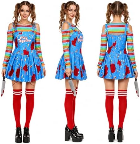 5Pcs Creepy Doll Costume Women Scary Killer Dress Halloween Props