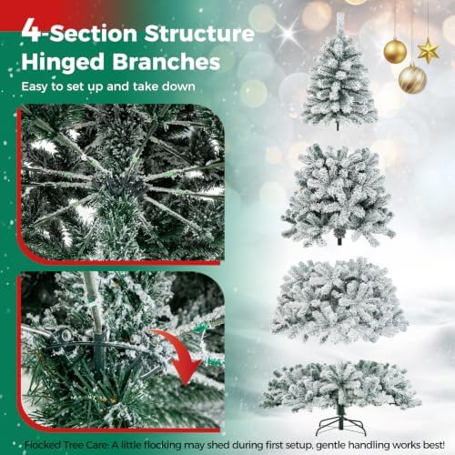 HAPPYGRILL 9 FT Flocked Christmas Tree Artificial Xmas Tree with 1498 PVC Branch Tips, Hinged Xmas Tree Life-Like Seasonal Holiday Tree for Home Office