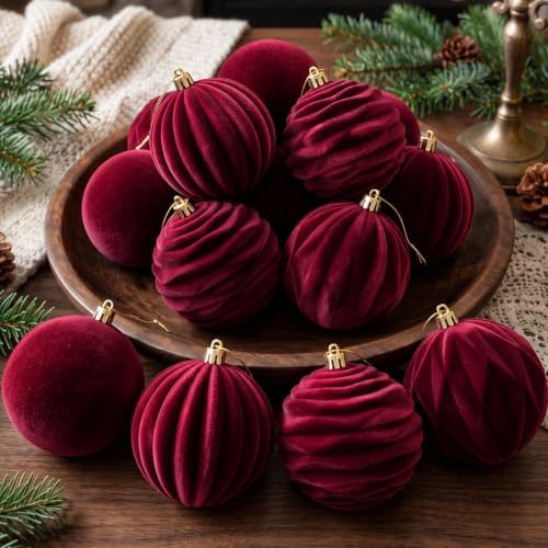 Liliful 3.15 Inch 12 Pcs Velvet Christmas Ornaments Balls, Burgundy Red