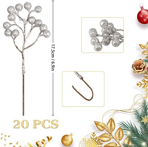 Fangoo 20 Pack 7Inch Artificial Silver Berry Stems for Christmas Tree Decor