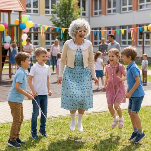 Halloween Old Lady Costume Set with Nightgown Grandma Dress and Coat