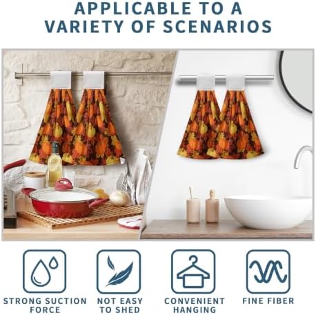 Set of 2 Fall Pumpkin Maple Leaf Hanging Kitchen Towels Thanksgiving Autumn Harvest Hand Tie Towel with Hanging Loops Dish Towels Washcloth Soft Absorbent Bath Hand Towel