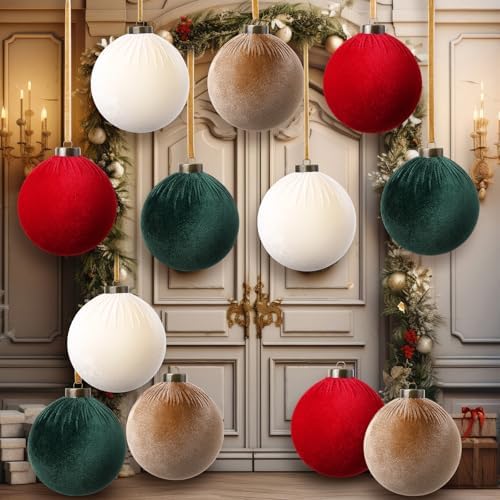 Liliful 12 Pcs Extra Large Velvet Christmas Balls Velvet Ornaments for Christmas Tree Flocked Shatterproof Xmas Tree Balls Bulk for Holiday Party Xmas Trees Hanging Decorations(4 Inch,Red, Green)