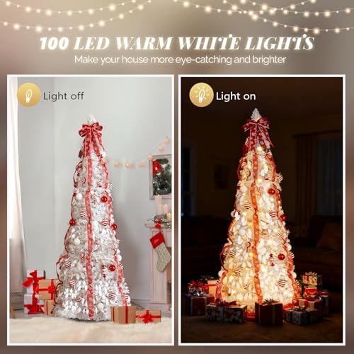 VINGLI 6ft Pop up Artificial Christmas Pine Tree with 100 Warm White Lights, Xmas Tree Holiday Party Decorations with Sturdy Metal Stand (Red&White)