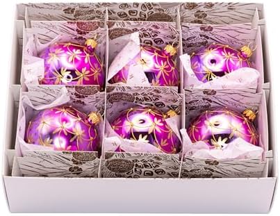 Luxury Handcrafted European Glass Christmas Ball Ornaments - Set of 6 - Magenta Art Nouveau - 8 cm - Mouth-Blown & Hand-Painted