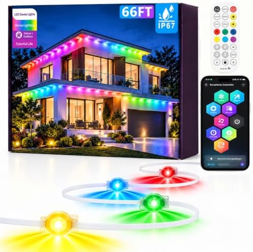 66Ft Permanent Outdoor Lights, RGB+IC Smart LED Eave Lighting with App/Remote Control,IP67 Waterproof,16 Million Colors,Scene Modes, DIY Music Sync, for Christmas, Holiday & Party Decor
