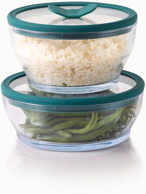Anyday 4-Piece Medium Glass Food Storage with Lids (Clear Kale) | Plastic-Free Meal Prep, Microwave Cookware, Stackable Airtight Storage Container, Vented Lid for Microwave-Safe Reheating
