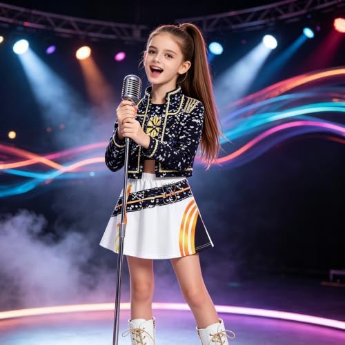 Pop Singer Costume Kids Girls Golden Halloween Costumes with Accessories