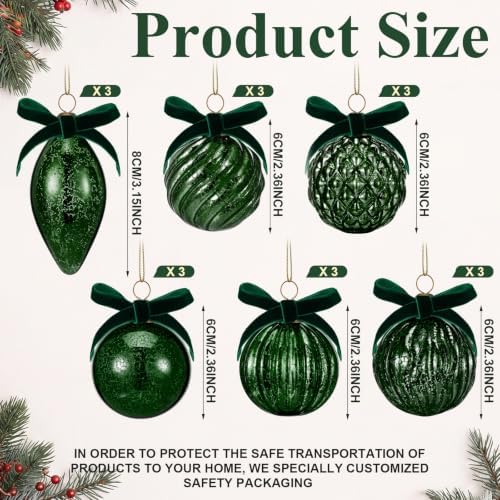 Syhood 18 Pcs Dark Green Christmas Mercury Glass Balls Ornaments, 6 Styles