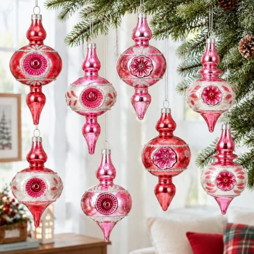 Soulchen 8 Pcs Vintage Glass Christmas Ornaments Pink Reflector for Tree