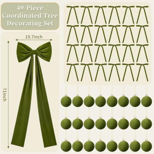49 Pcs Moss Green Christmas Tree Decoration Set with Velvet Bow Ball