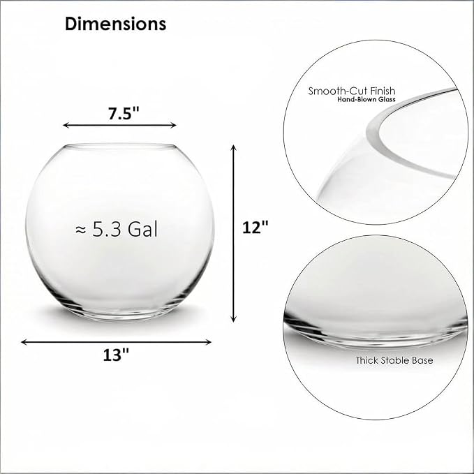 CYS EXCEL Large Glass Bubble Bowl (H-12 W-13, Approx. 5.3 Gal.) Round Bowl Terrarium Globe Flower Vase Centerpiece for Weddings Events Arrangements